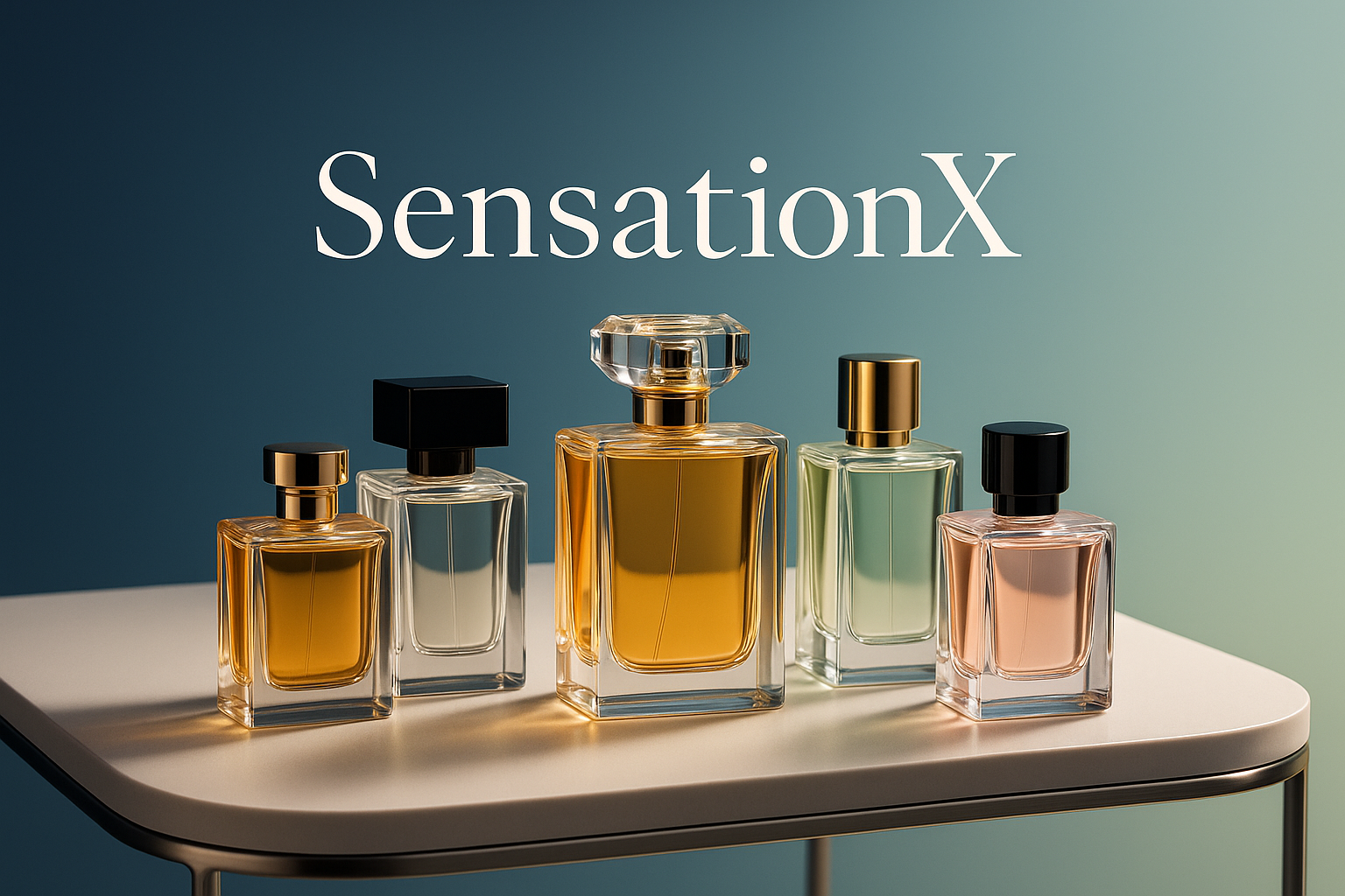sensationx-is-your-destination-for-premium-perfumes-from-the-world-s-most-iconic-brands-we-bring-you-first-quality-fragrances-that-combine-elegance-authenticity-and-irresistible-value


bg gradient blue to light-blue to light-green color palette with profesional photo set table with some perfumes and fragrances with the title sensation X